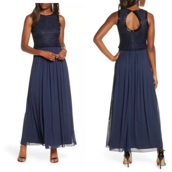 Pisarro Nights Dresses & Skirts - NWT $258 PISARRO NIGHTS 10 Beaded Bodice Chiffon Gown DRESS NAVY BLUE